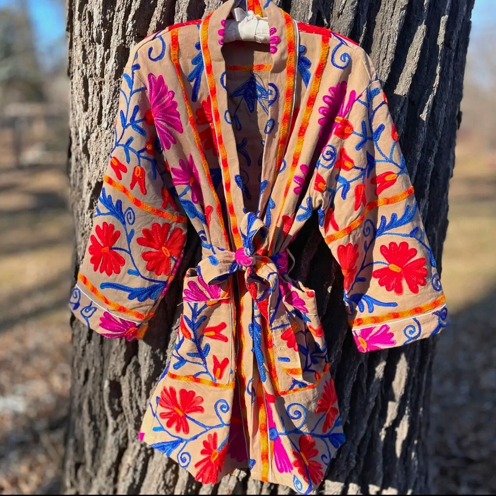 Embroidered Suzani Robe Kimono Exclusive Luxury Design Gorgeous OS